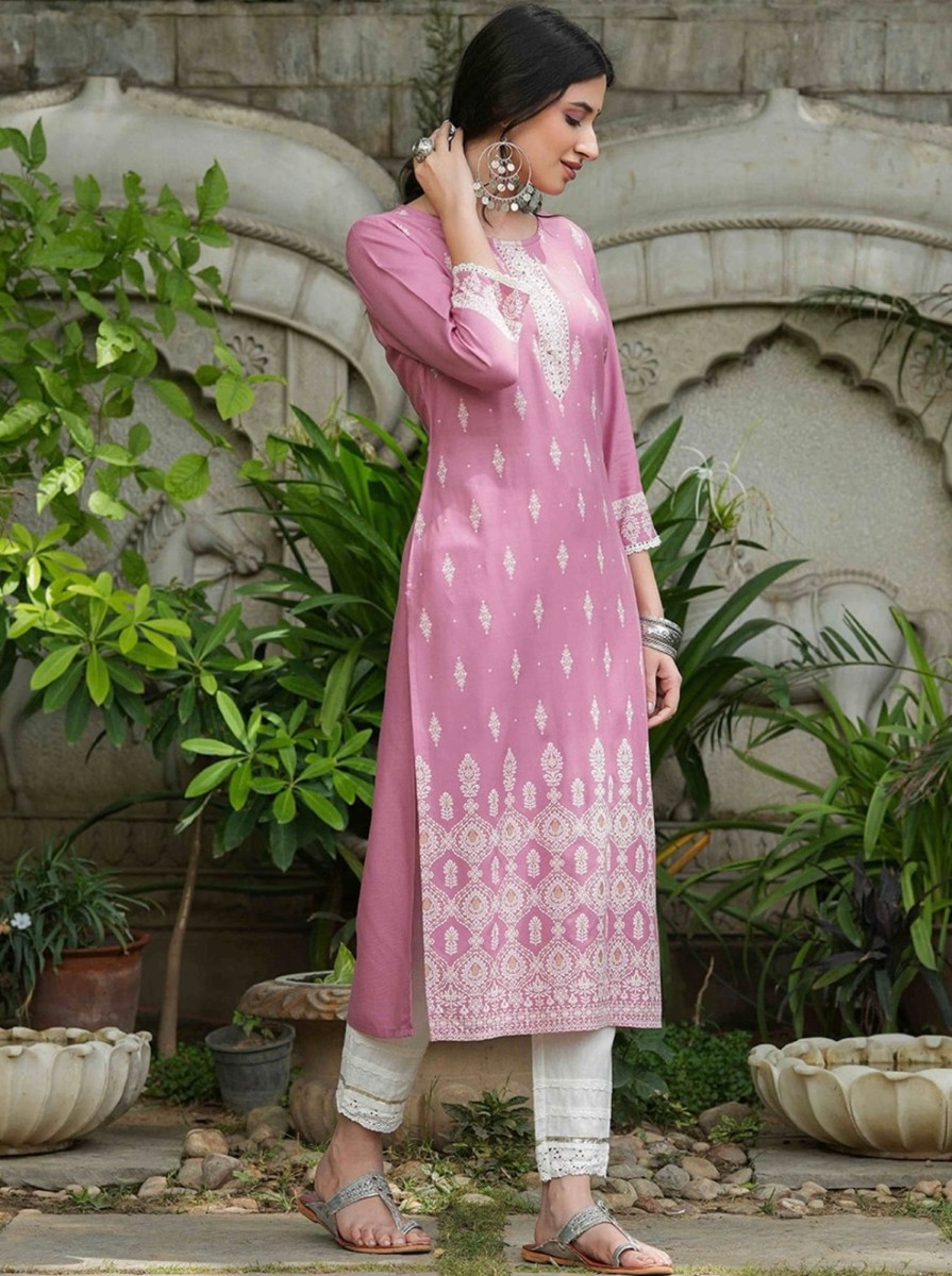 Women CHEERA | Women'S Baby Pink Embellished Daily Wear Cotton Blend Kurta - Cheera