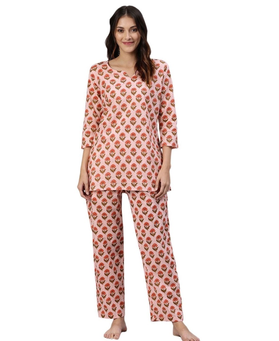 Women Wahe-NOOR | Women'S Pink Cotton Loungewear /Nightwear Set - Wahenoor