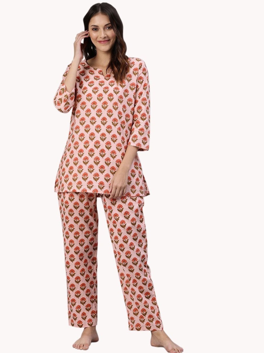 Women Wahe-NOOR | Women'S Pink Cotton Loungewear /Nightwear Set - Wahenoor