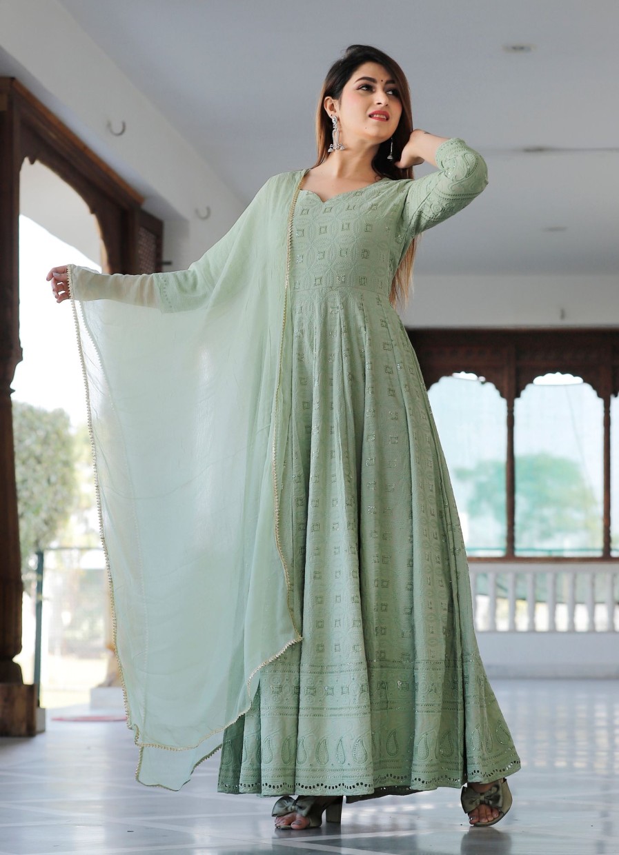 Women Geeta Fashion | Women Anarkali Kurta With Dupatta By Geeta Fashion (2Pcs Set) Green