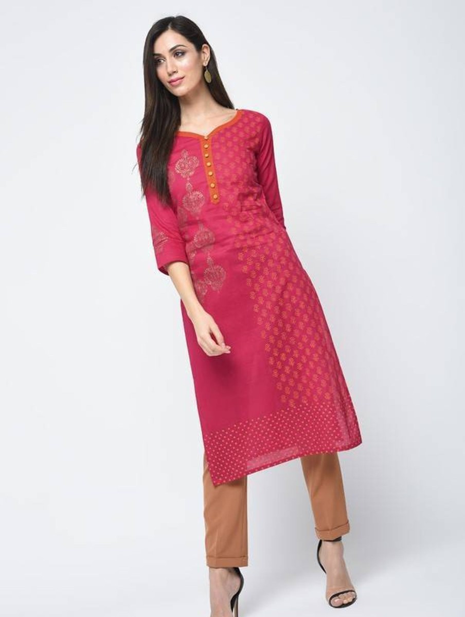 Women Aniyah | Women'S Block Printed Straight Kurta - Aniyah Magenta