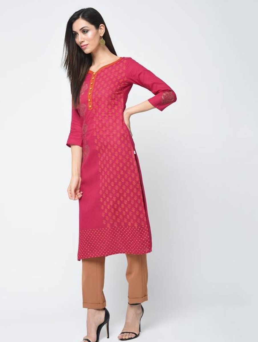 Women Aniyah | Women'S Block Printed Straight Kurta - Aniyah Magenta