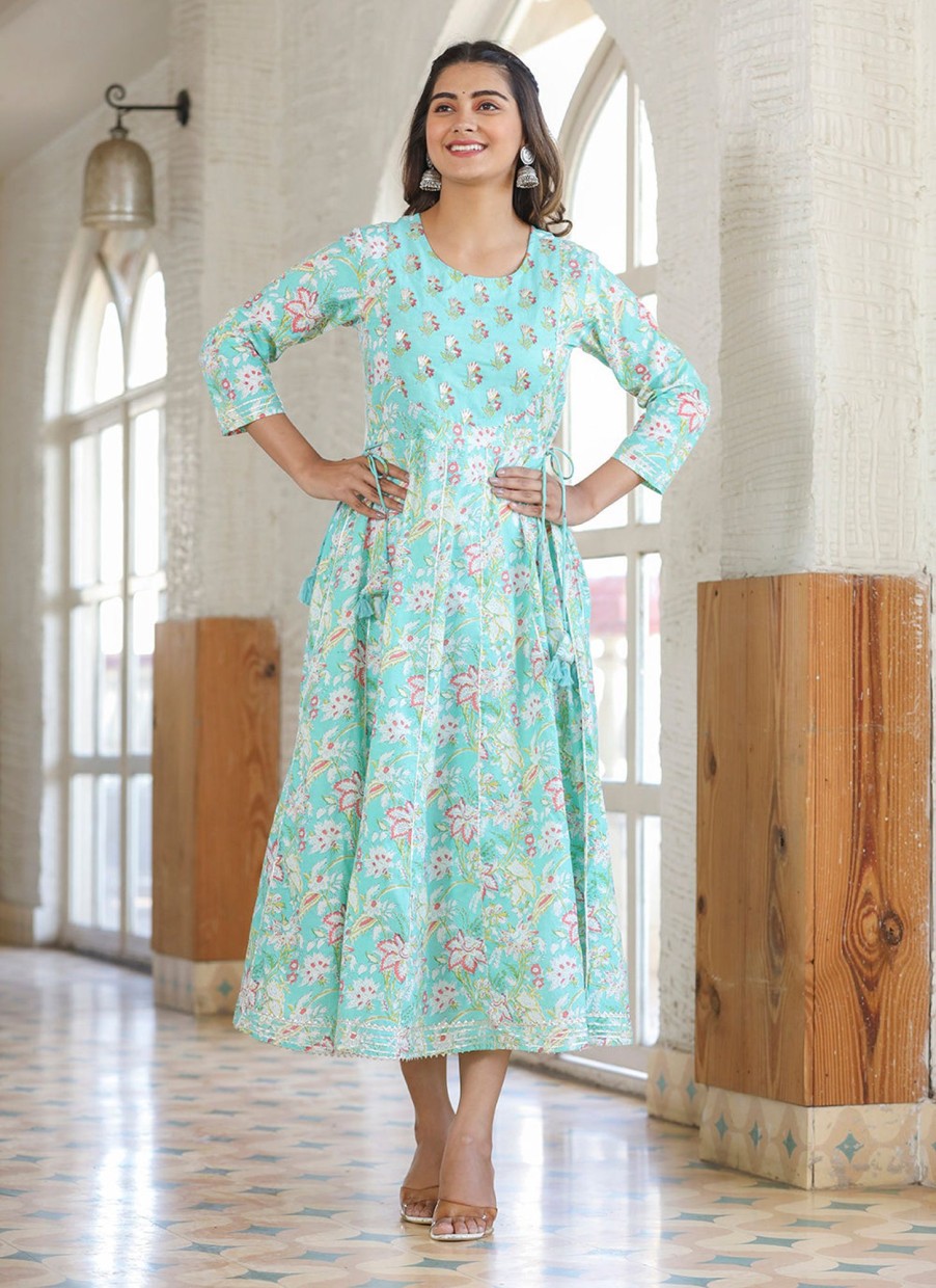 Women KAAJH | Women'S Green Embroidered Cotton A-Line Kurta - Kaajh