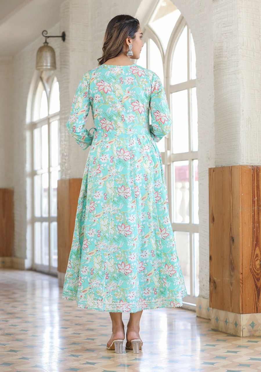 Women KAAJH | Women'S Green Embroidered Cotton A-Line Kurta - Kaajh