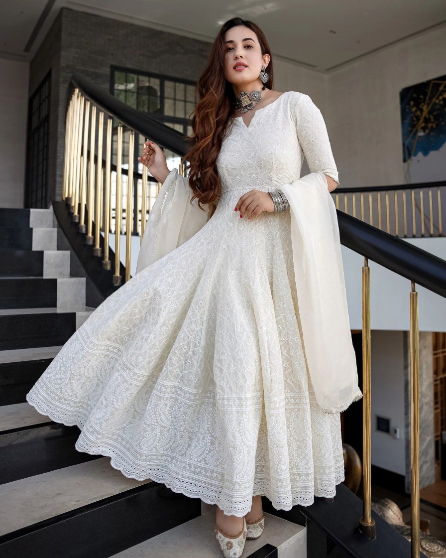 Women Malishka Export | Women'S Cotton Chikankari Gown With Dupatta Set - Malishka Export White