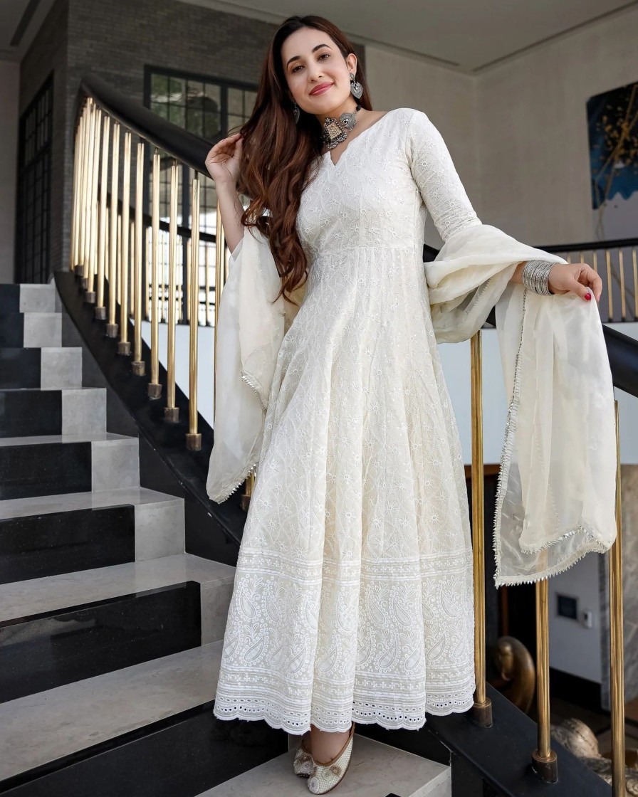 Women Malishka Export | Women'S Cotton Chikankari Gown With Dupatta Set - Malishka Export White