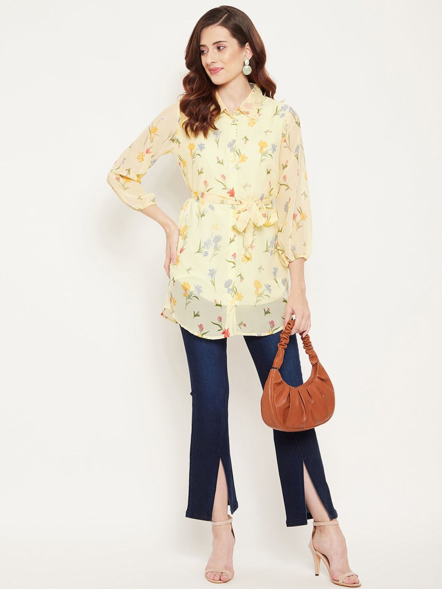 Women BitterLime | Women'S And Pink Shirt Collar Floral Printed Tunic - Bitterlime Yellow