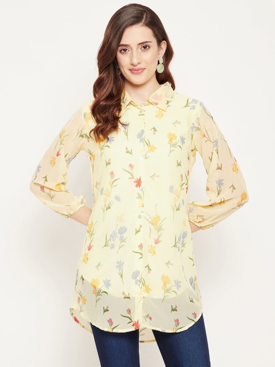 Women BitterLime | Women'S And Pink Shirt Collar Floral Printed Tunic - Bitterlime Yellow