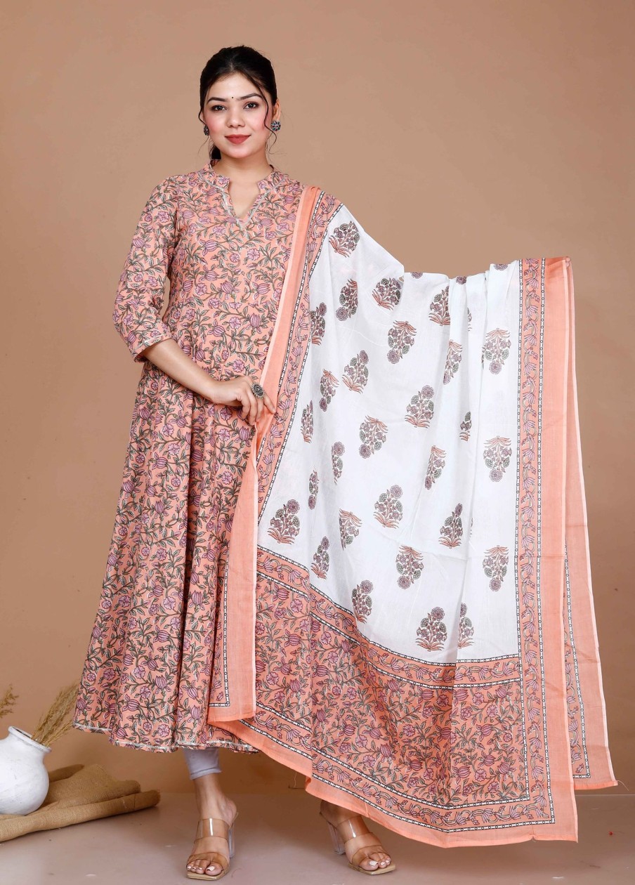 Women Miravan | Women'S Surpassing Partywear Floral Printed Anarkali Kurta Dupatta - Miravan Orange