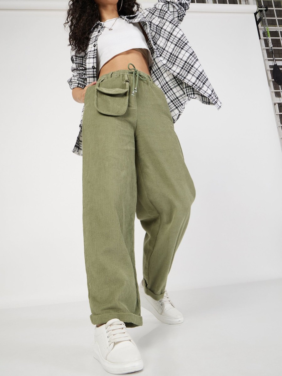 Women Lyush | Women'S Olive Corduroy Pouch Pocket Drawstring Pants - Lyush