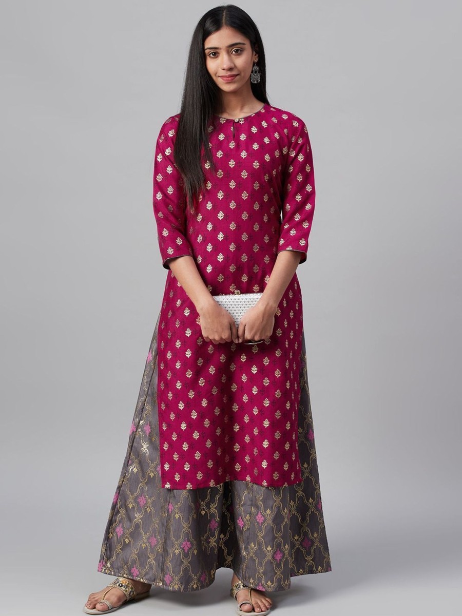 Women Ziyaa | Women'S Poly Silk Foil Printed Straight Kurta - Ziyaa Pink