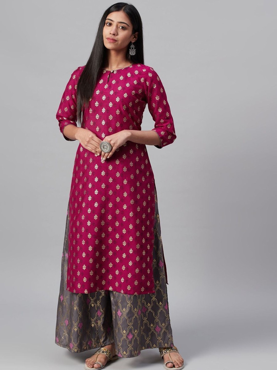 Women Ziyaa | Women'S Poly Silk Foil Printed Straight Kurta - Ziyaa Pink