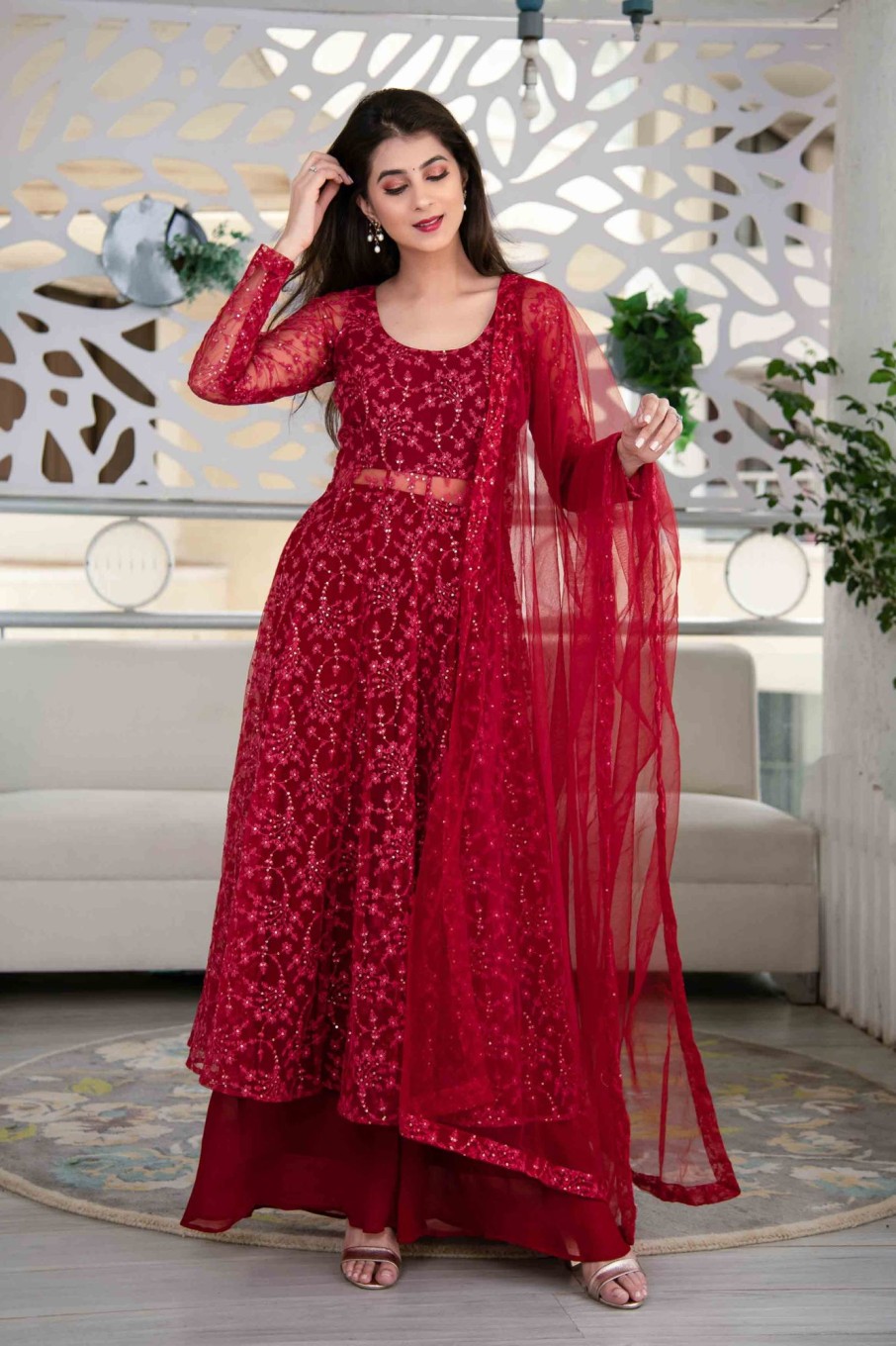 Women Label Shaurya Sanadhya USA | Women'S Red Anarkali Suit Set With Palazzo With Net Dupatta - Label Shaurya Sanadhya Usa