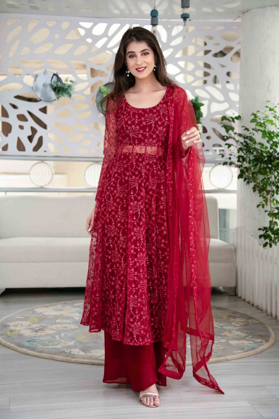 Women Label Shaurya Sanadhya USA | Women'S Red Anarkali Suit Set With Palazzo With Net Dupatta - Label Shaurya Sanadhya Usa