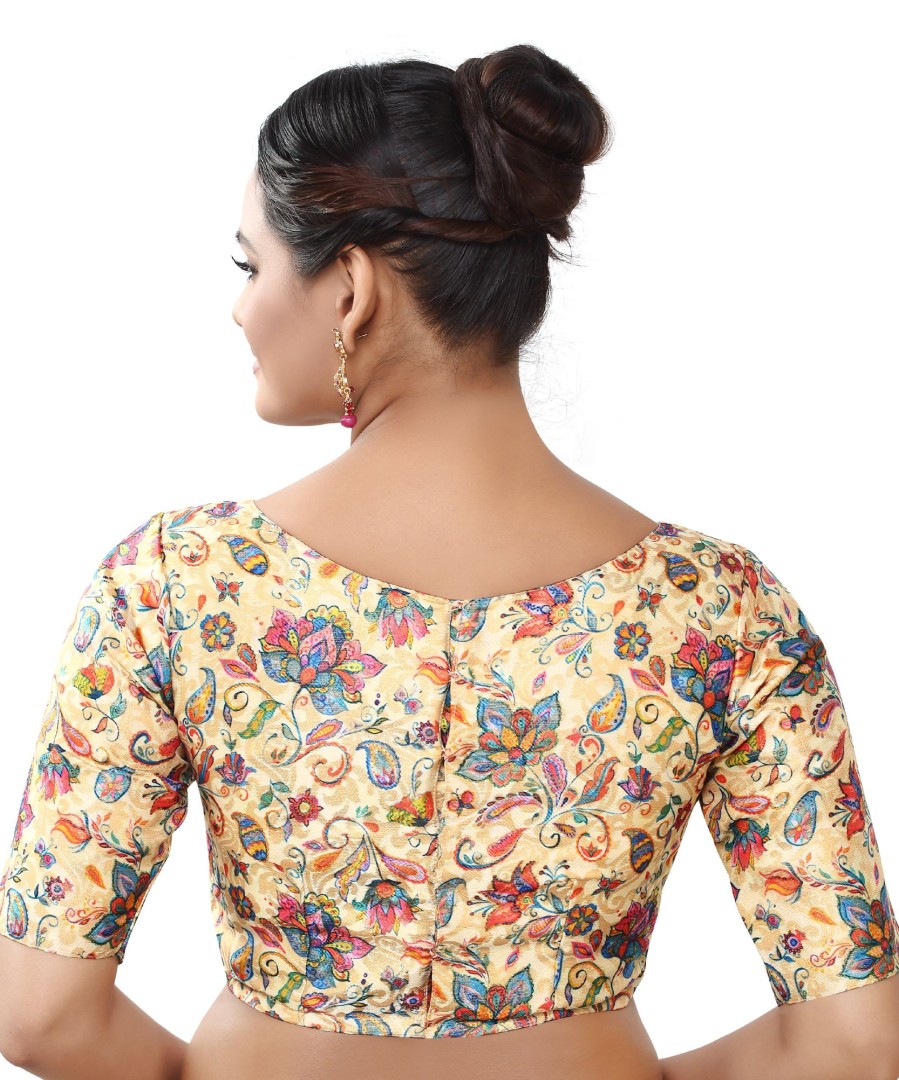 Women Madhu Fashion | Women'S Polyester Brocade Digital Floral Print Elbow Length Sleeves Readymade Saree Blouse - Madhu Fashion