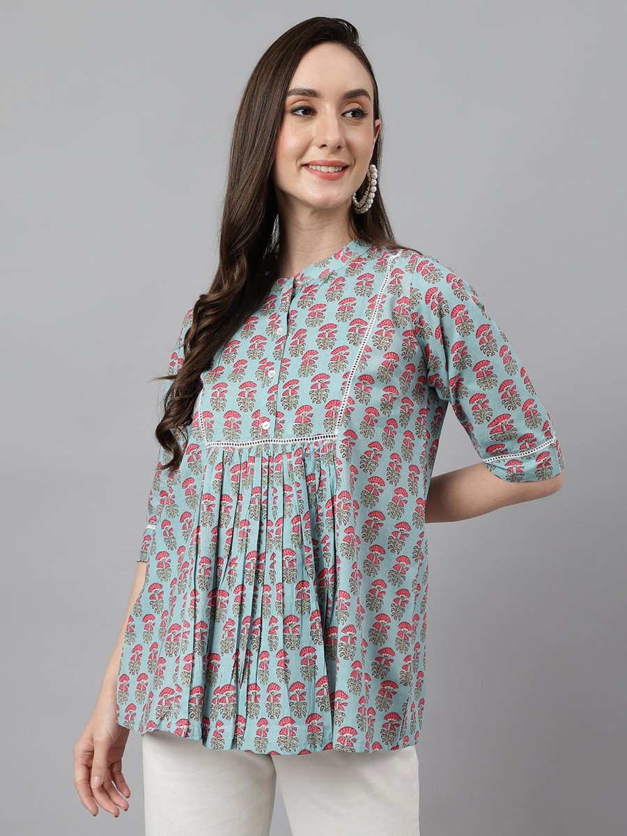 Women Janasya | Women'S Block Print Aqua Cotton Tops - Janasya Blue