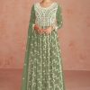 Women Monjolika | Women'S Olive Color Faux Georgette Embroidered Semi Stitched Palazzo Suit - Monjolika Green