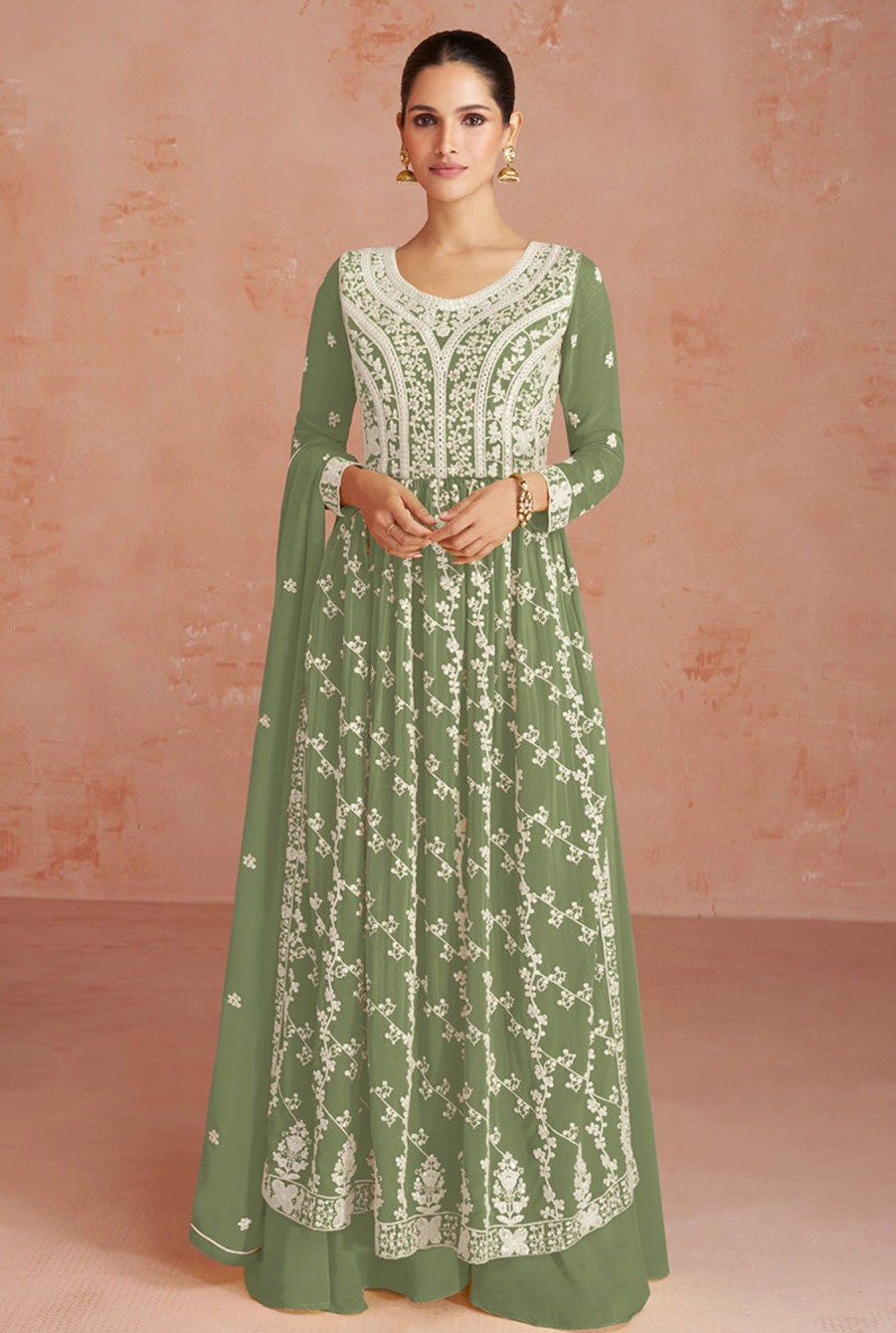 Women Monjolika | Women'S Olive Color Faux Georgette Embroidered Semi Stitched Palazzo Suit - Monjolika Green