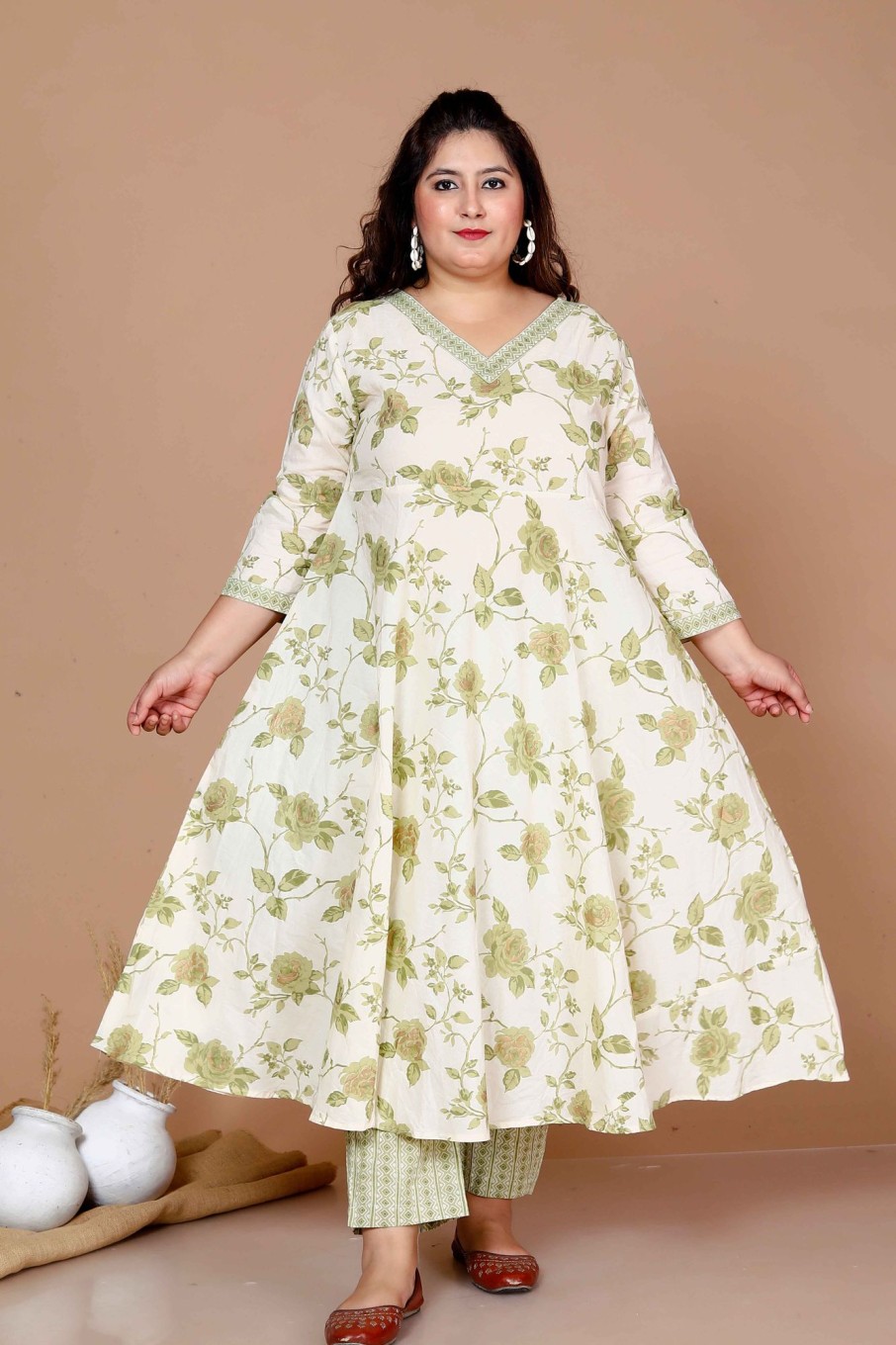 Women Miravan | Women'S Plus Size Printed Pure Cotton Kurta With Palazzo - Miravan Green