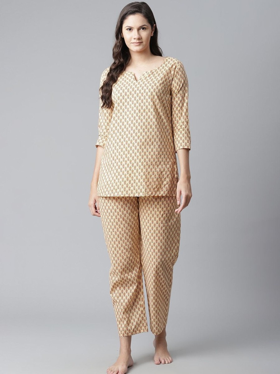 Women Divena | Women'S The Dressify Yellow Buti Print Cotton Nightwear - Divena