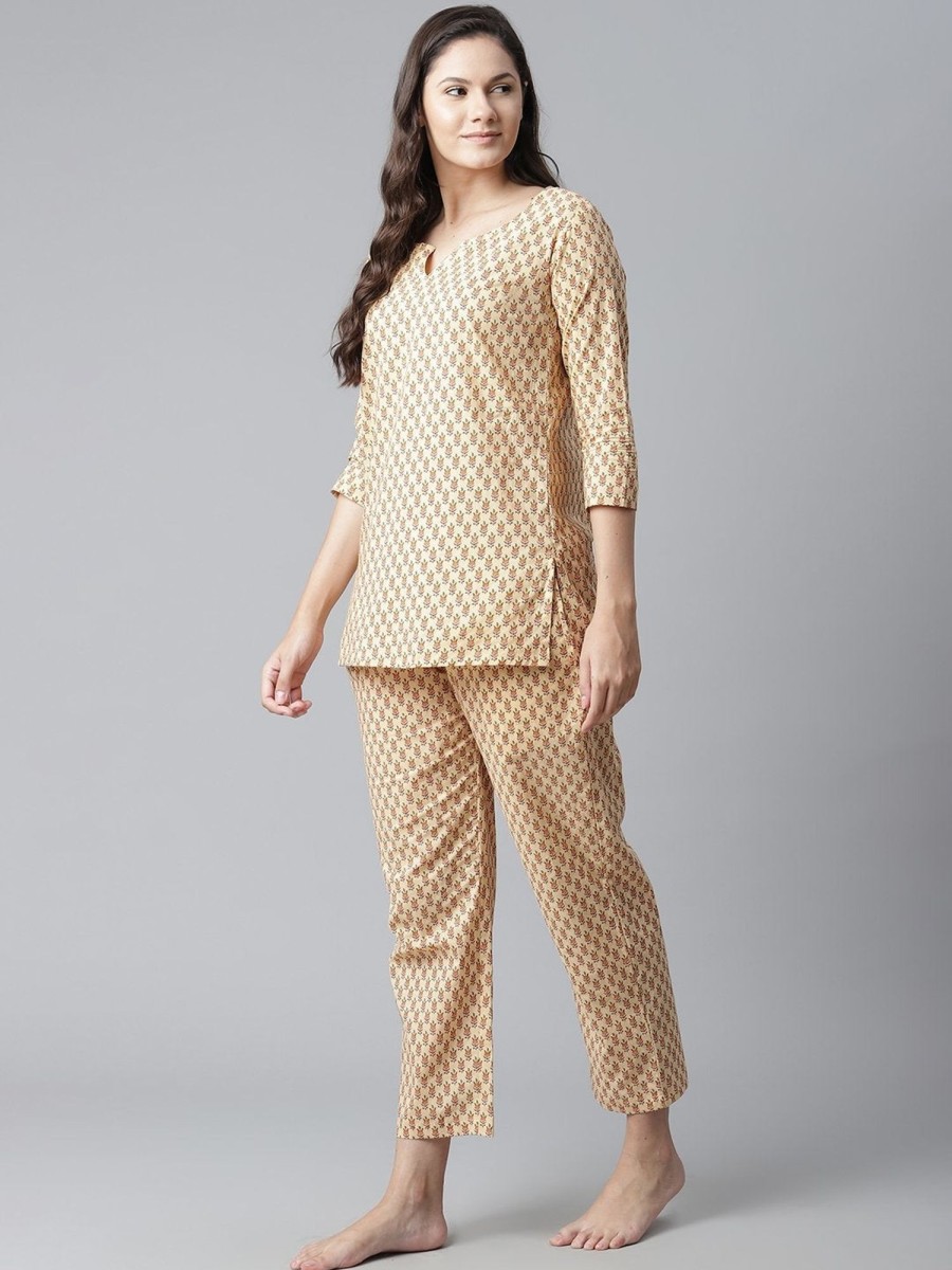 Women Divena | Women'S The Dressify Yellow Buti Print Cotton Nightwear - Divena