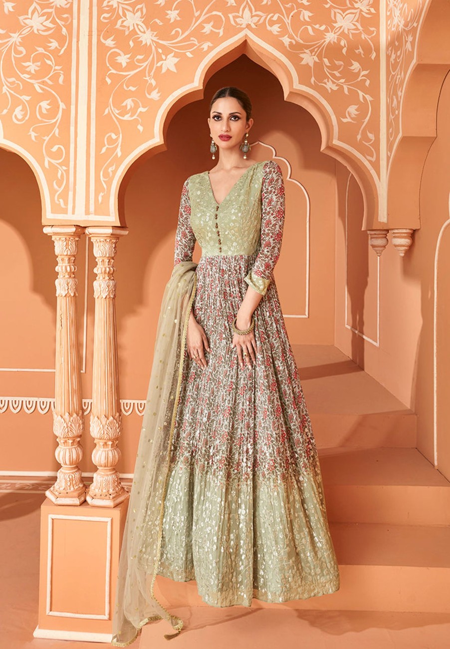 Women Monjolika | Women'S Light Olive Color Printed Georgette Designer Partywear Suit - Monjolika Green