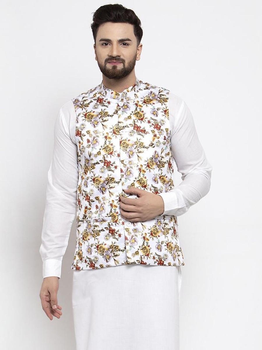 Men Virat Fashions | Men'S White Printed Satin Nehru Jacket ( Jowc 4007 White) - Virat Fashions