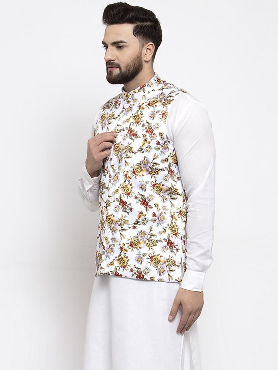 Men Virat Fashions | Men'S White Printed Satin Nehru Jacket ( Jowc 4007 White) - Virat Fashions