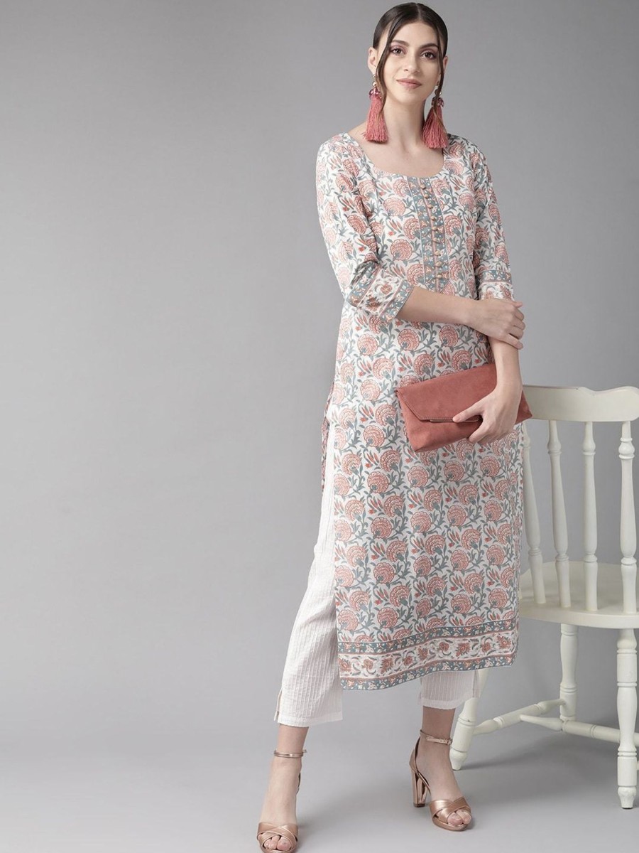 Women AKS | Women'S Floral Printed Straight Kurta In White U0026 Rust Red - Aks