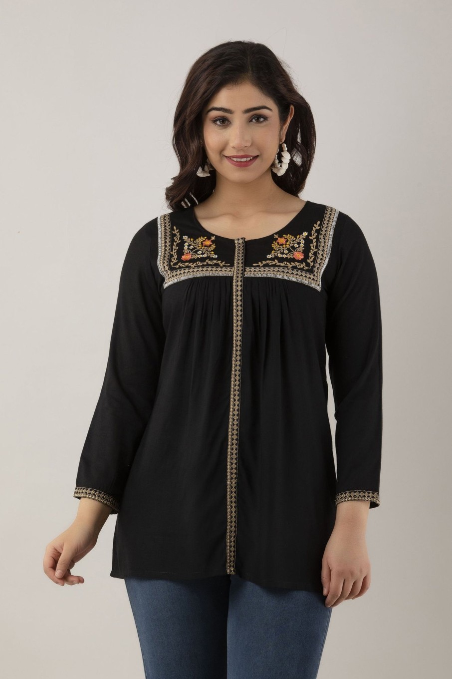 Women Charu | Women'S Embroidered Viscose Rayon Regular Top ( ) - Charu Black