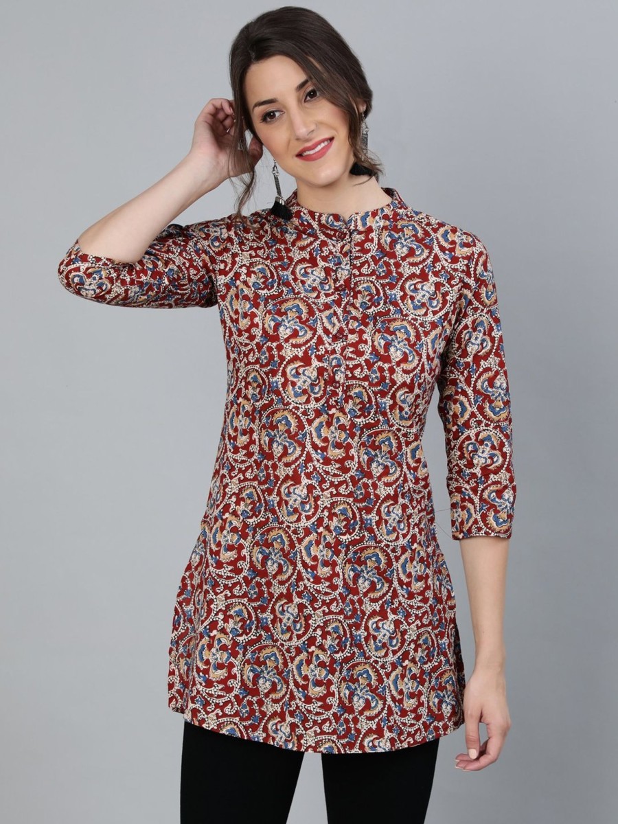 Women Nayo Clothing | Women'S Maroon Printed Tunic With Mandarin Collar U0026 Three Quarter Sleeves - Nayo Clothing