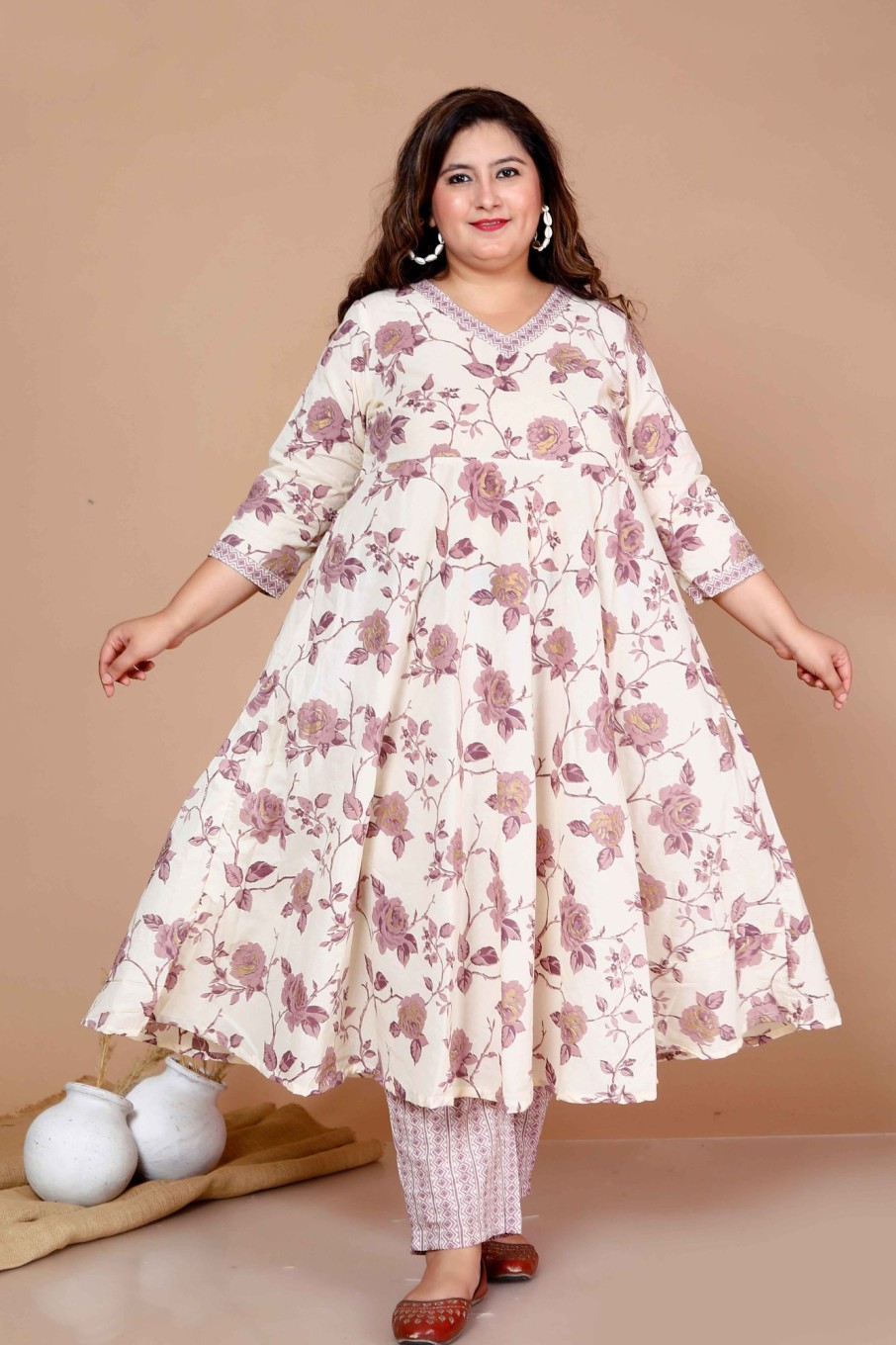 Women Miravan | Women'S Plus Size Floral Printed Kurta With Palazzo - Miravan Pink