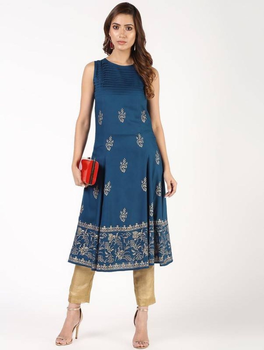 Women Aniyah | Women'S Block Print Flared Kurta - Aniyah Blue