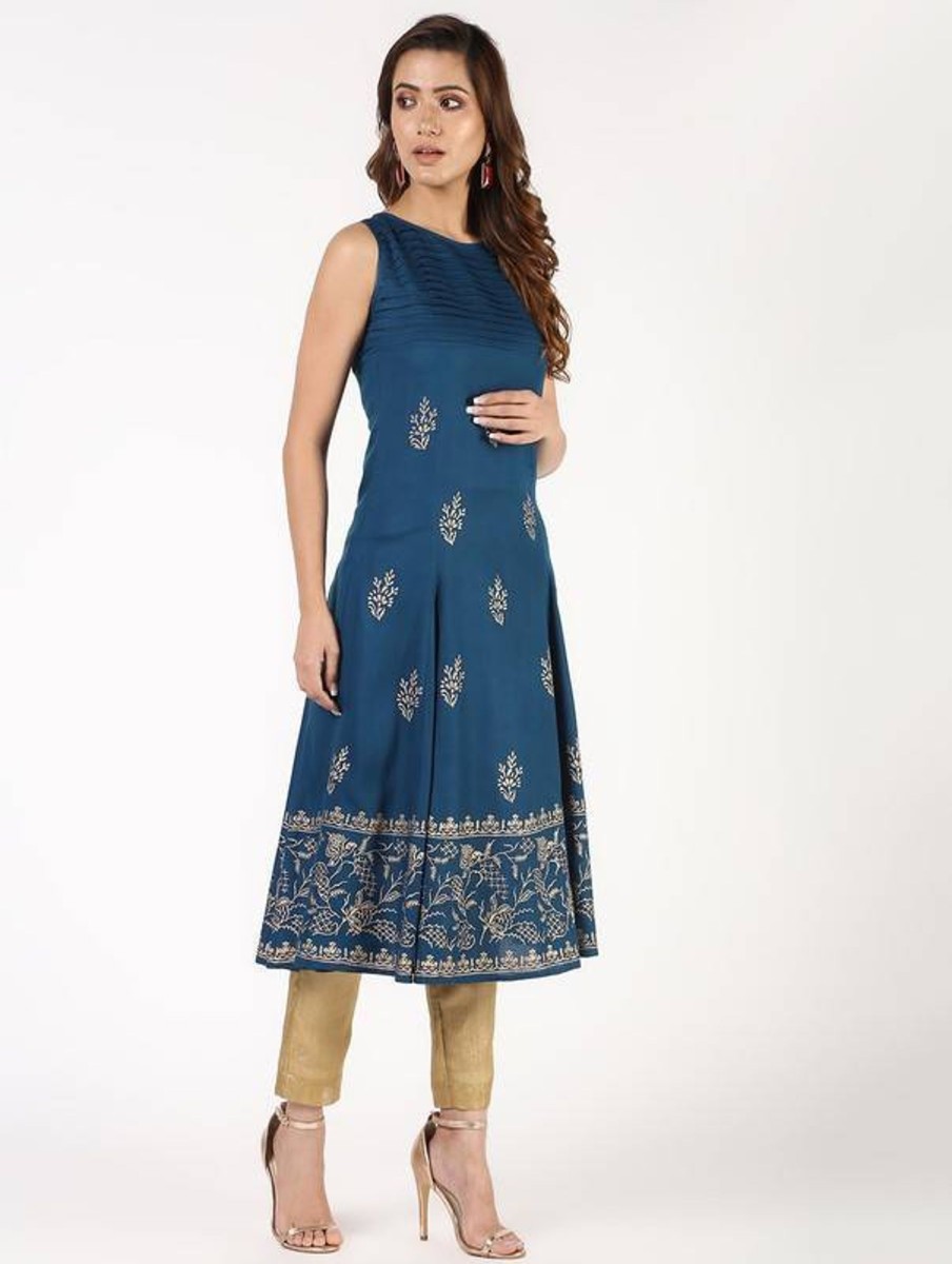 Women Aniyah | Women'S Block Print Flared Kurta - Aniyah Blue