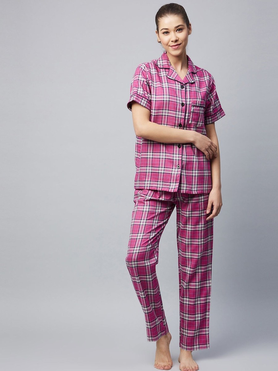 Women StyleStone | Women'S Cotton Checkered Night Suit - Stylestone Pink