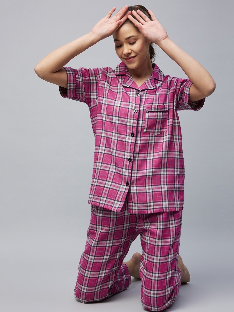 Women StyleStone | Women'S Cotton Checkered Night Suit - Stylestone Pink