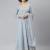 Women Janasya | Women'S Solid Poly Georgette Anarkali Set - Janasya Grey