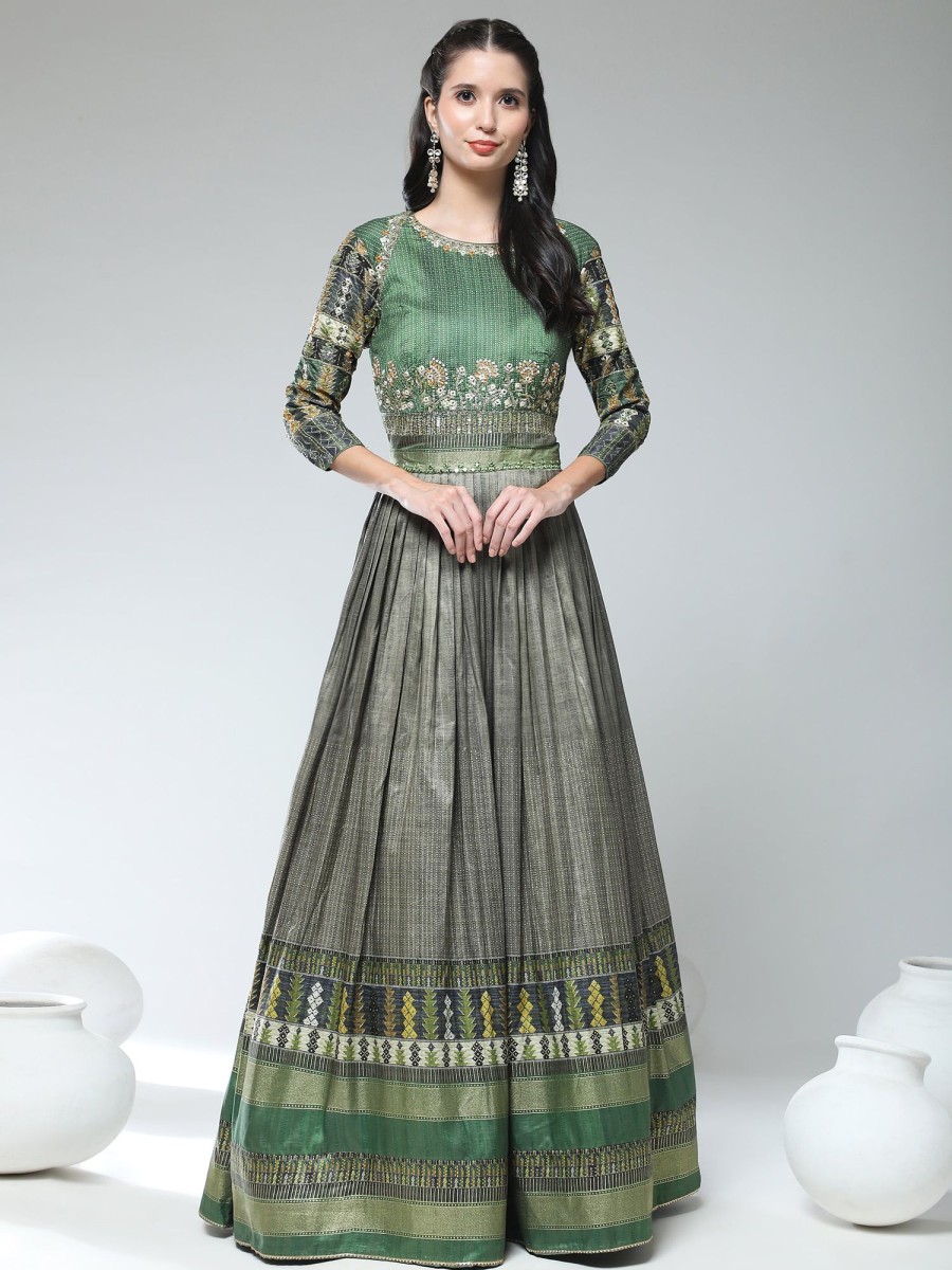 Women Phenav | Women'S Embroidred Detailed Silk Fit Flare Ethnic Gown - Phenav Green