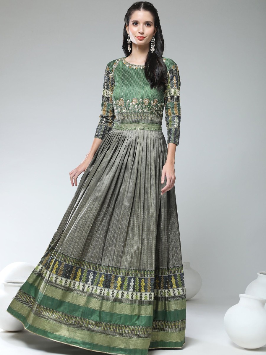 Women Phenav | Women'S Embroidred Detailed Silk Fit Flare Ethnic Gown - Phenav Green