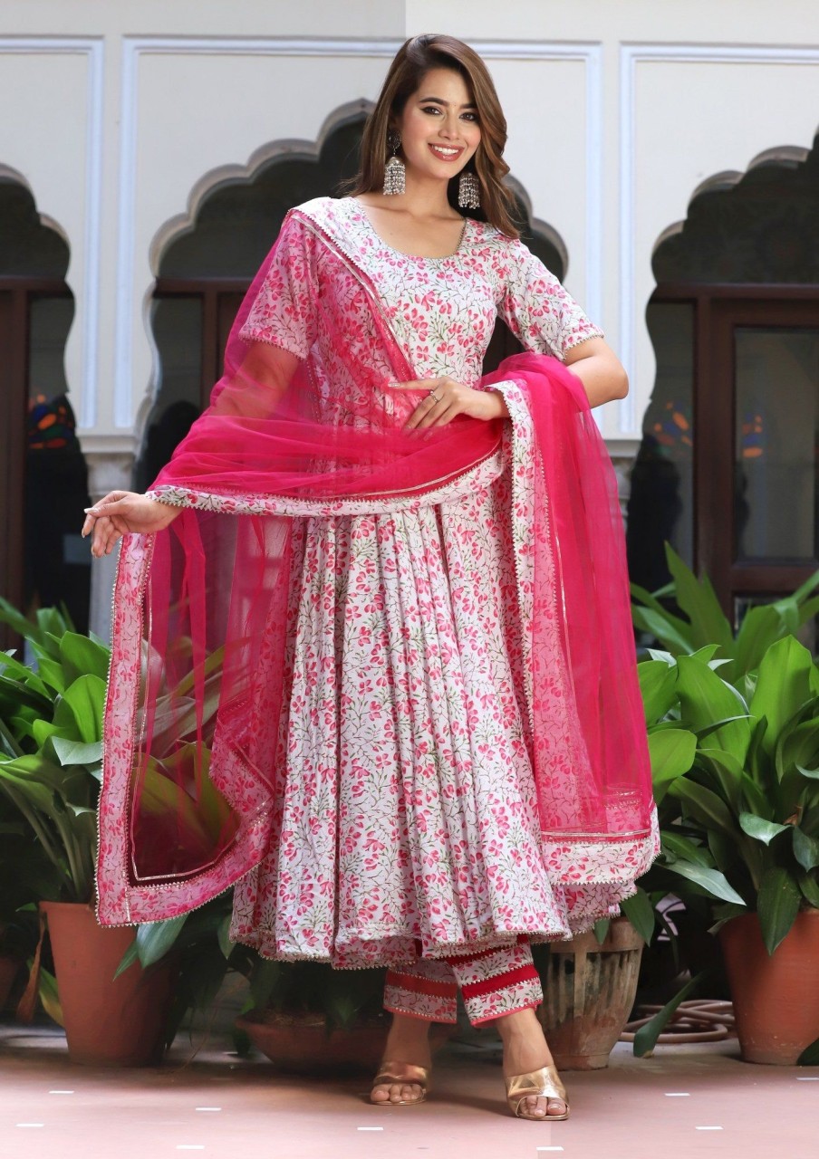 Women Lado Jaipuri | Women'S Rosy Cotton Anarkali Set - Lado Jaipuri Pink