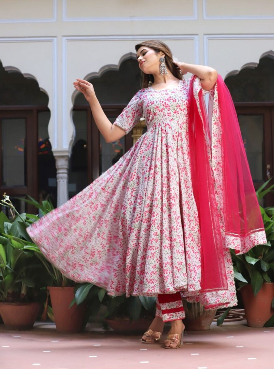 Women Lado Jaipuri | Women'S Rosy Cotton Anarkali Set - Lado Jaipuri Pink