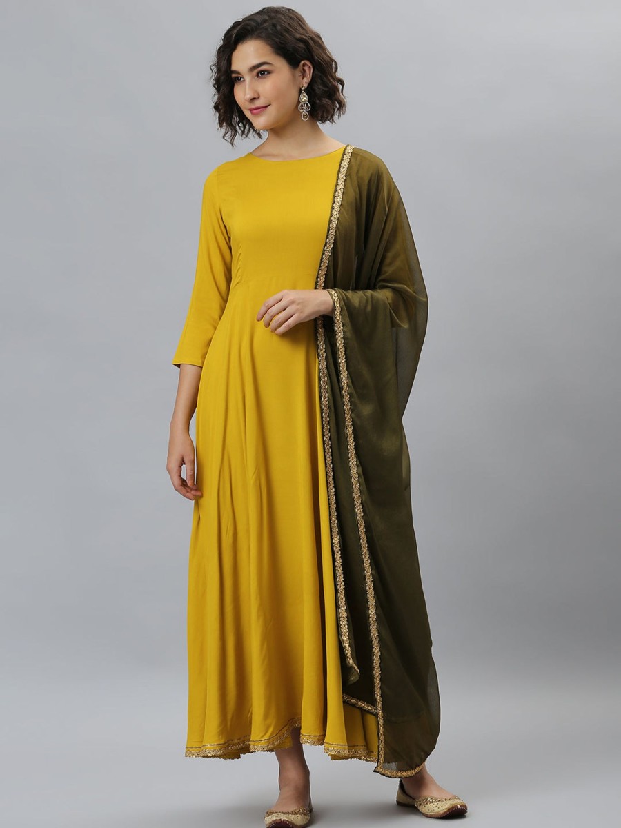 Women Janasya | Women'S Solid Rayon Anarkali Set - Janasya Mustard