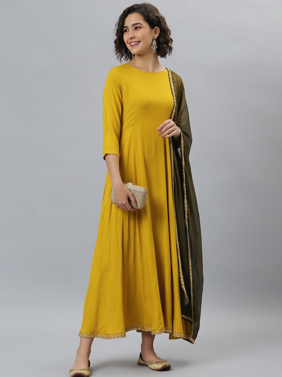 Women Janasya | Women'S Solid Rayon Anarkali Set - Janasya Mustard