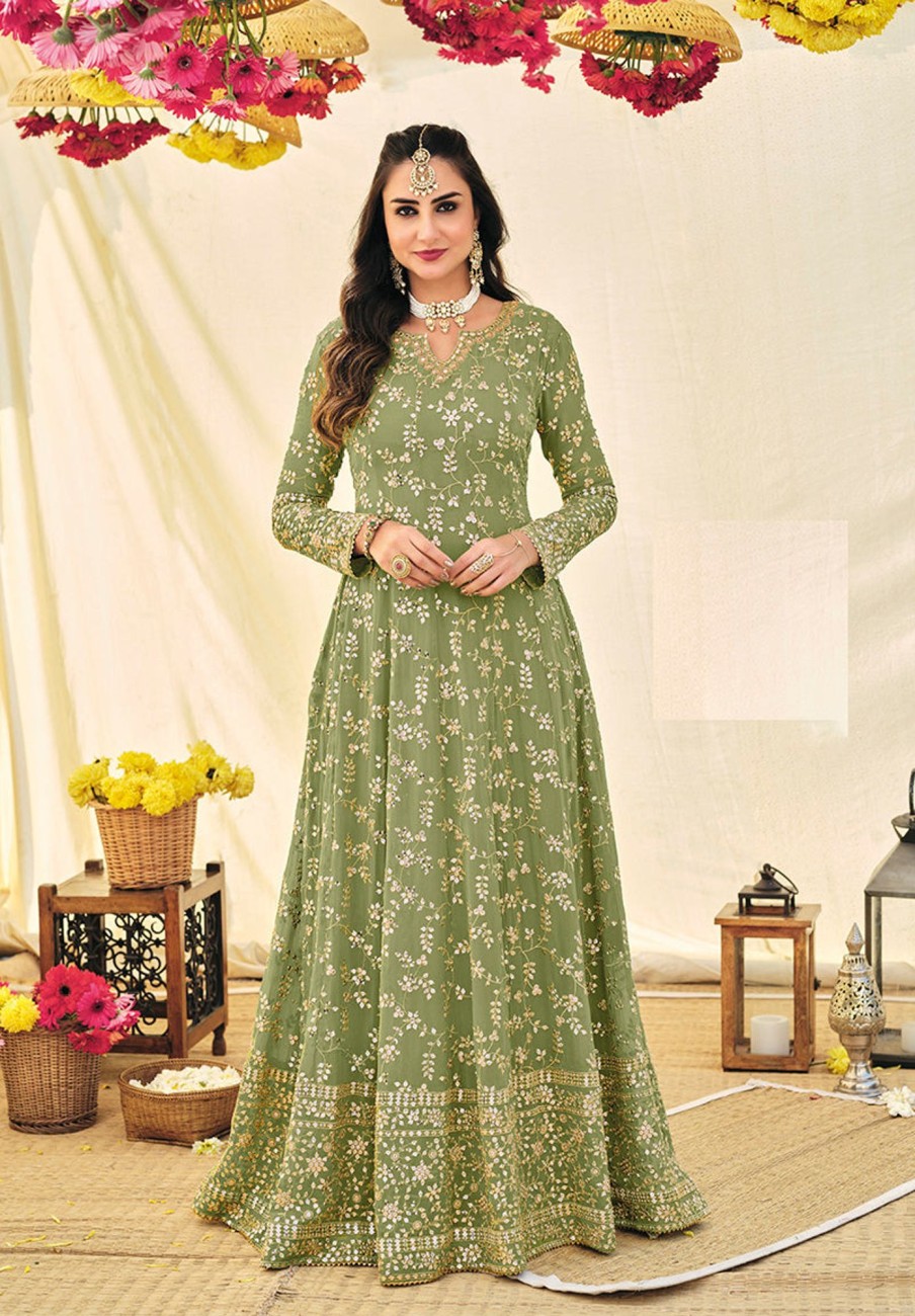 Women Monjolika | Women'S Pista Green Color Georgette Heavy Work Full Length Anarkali Suit - Monjolika