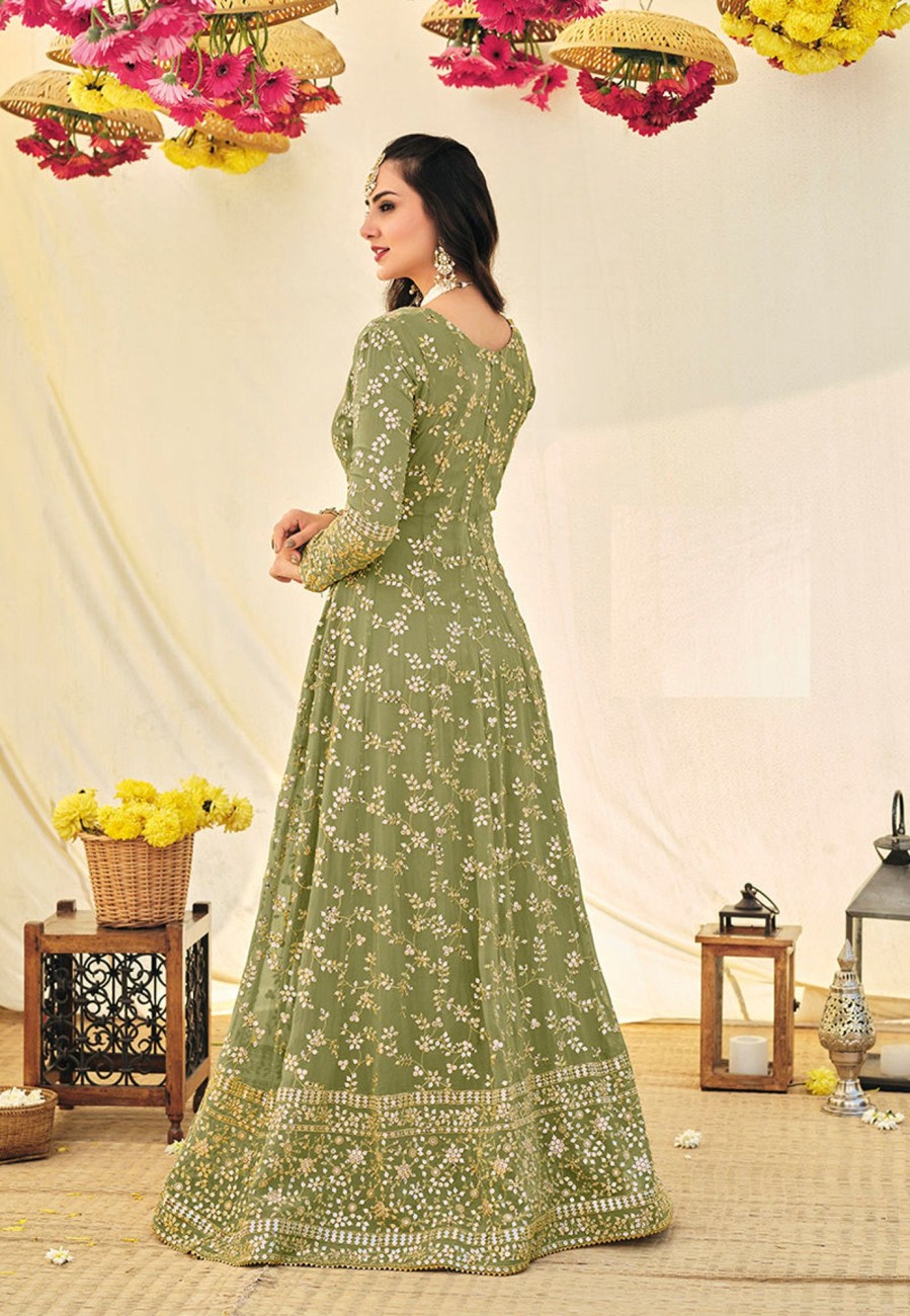 Women Monjolika | Women'S Pista Green Color Georgette Heavy Work Full Length Anarkali Suit - Monjolika