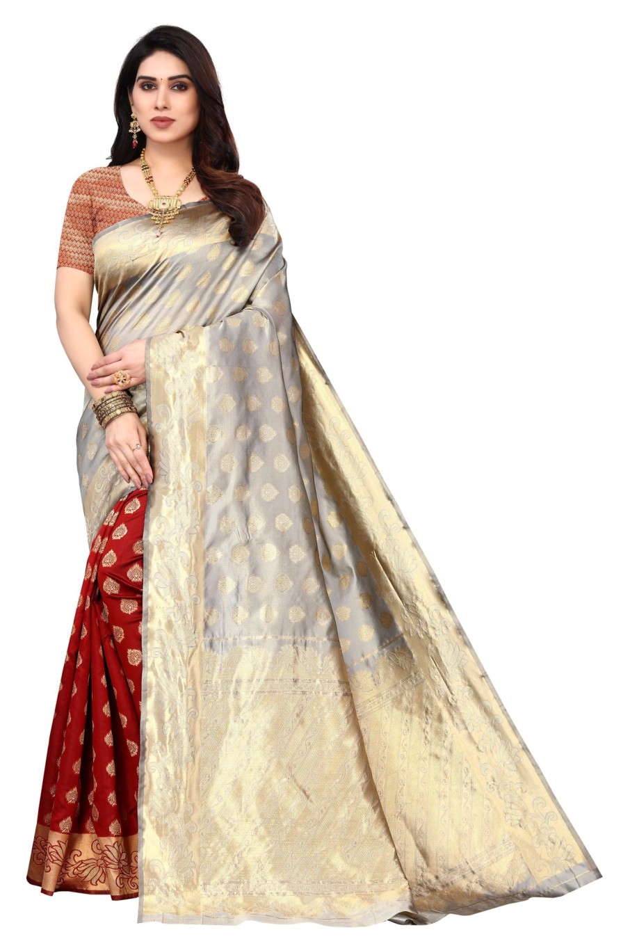 Women Varanga | Women'S :Red Color Banarasi Silk Saree With Blouse - Varanga White