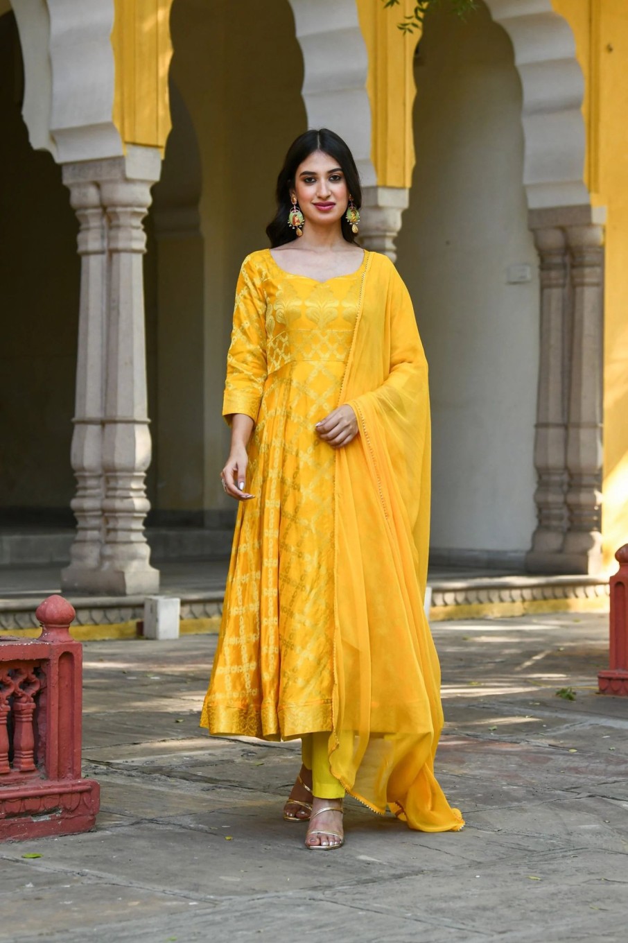 Women SARAS THE LABEL | Women'S Yellow Anarkali Suit Set- (3Pcs) - Saras The Label