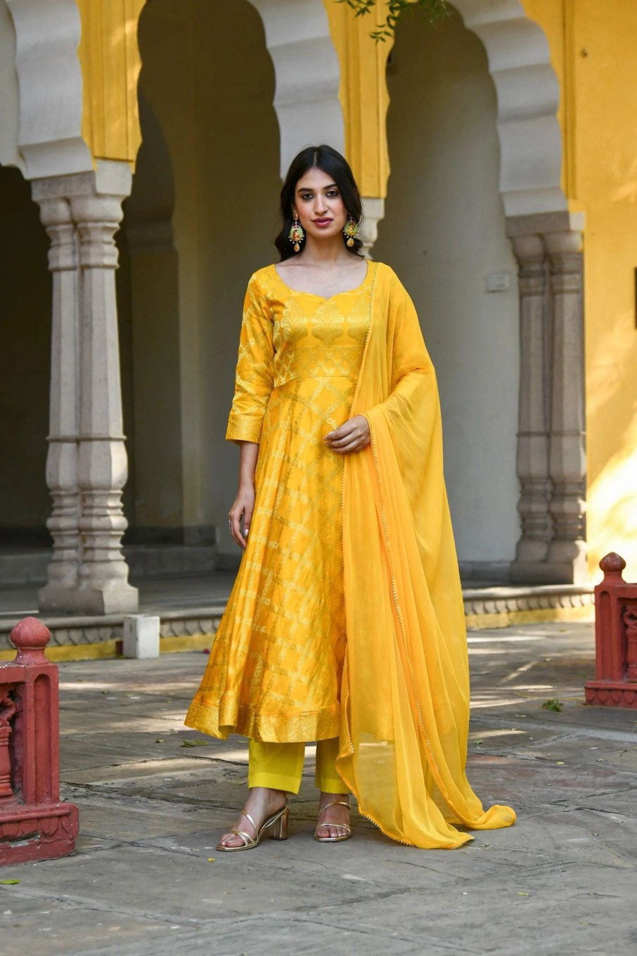 Women SARAS THE LABEL | Women'S Yellow Anarkali Suit Set- (3Pcs) - Saras The Label