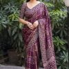 Women Stava Creation | Women'S Soft Silk Saree With Ajrakh Style And Foil Print - Stava Creation Purple