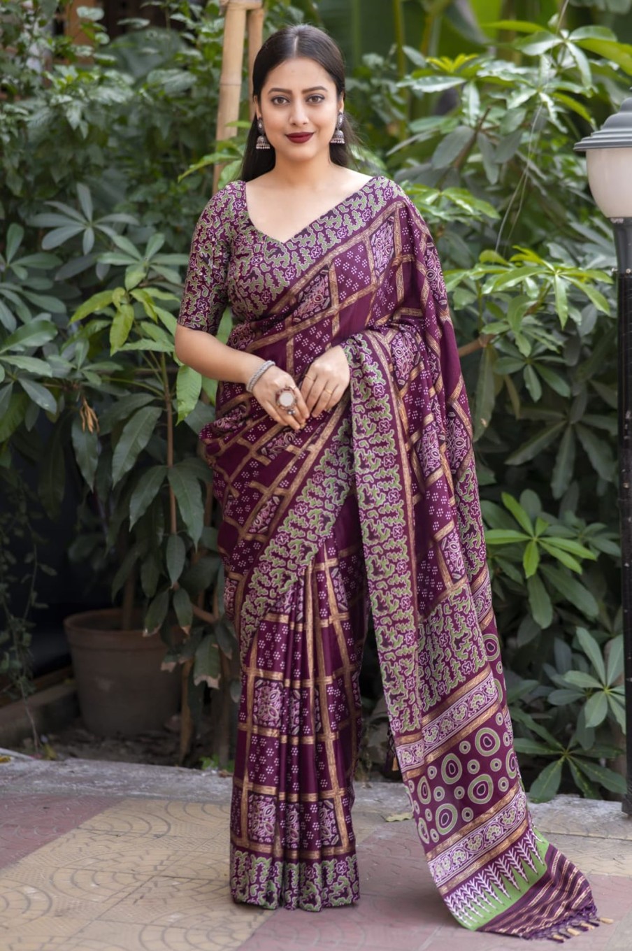 Women Stava Creation | Women'S Soft Silk Saree With Ajrakh Style And Foil Print - Stava Creation Purple